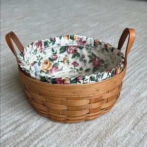 Longaberger 1992 Round Darning Basket with Floral Liner & Protector with Handles